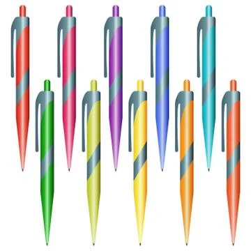 Set of multi-colored pens on a white background Illustrazione stock