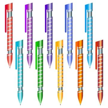 Set of multi-colored pens on a white background Illustrazione stock