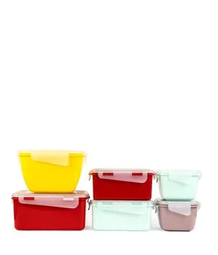 A set of multi-colored plastic containers for storing food Stock Photos