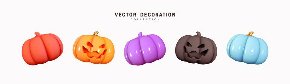 Set of multi-colored pumpkins for Halloween. Pumpkin with scary, evil emoti.. Stock Illustration