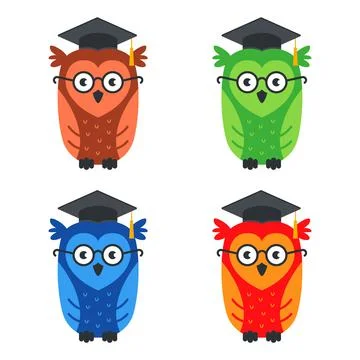 Set of multi-colored smart owls with glasses. Stock Illustration