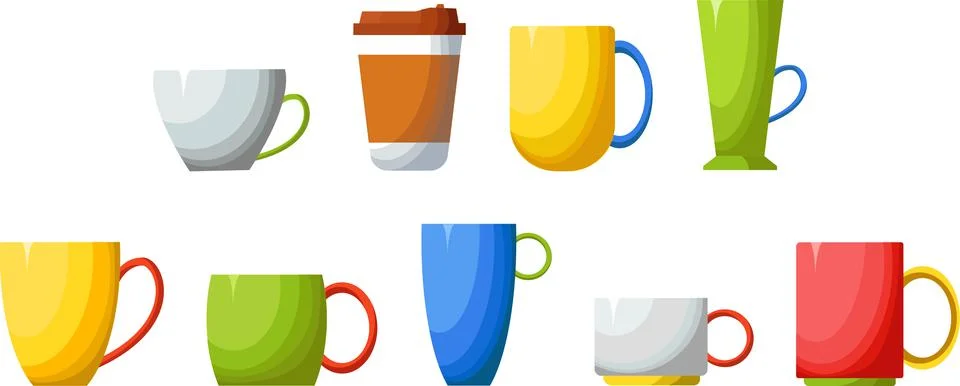 A set of multi-colored tea and coffee cups on a white background. Stock Illustration