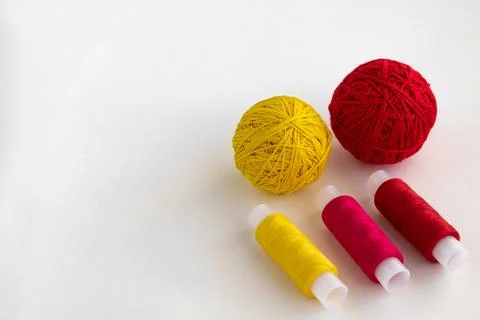 Set of multi-colored threads and tangles on a white background and copy space Foto stock