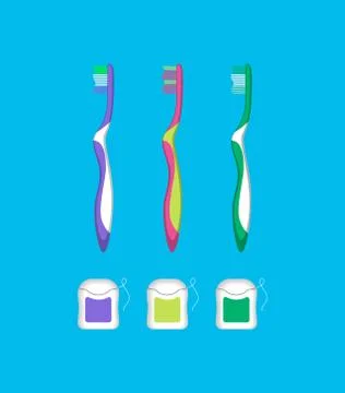 Set of multi-colored toothbrushes and dental floss. Illustrazione stock