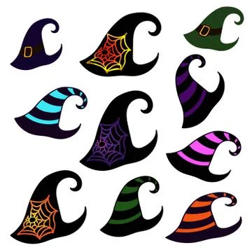 A set of multi-colored witch hats with different patterns. Witch hats with Stock Illustration