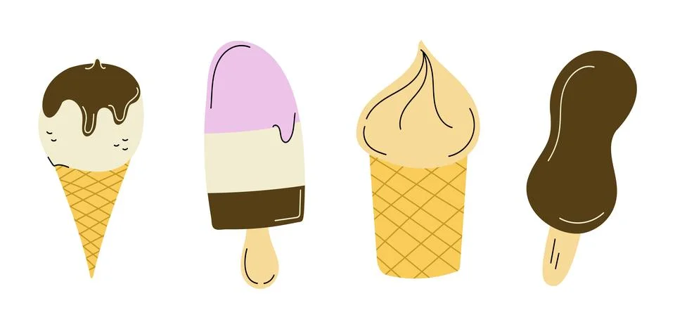 Set multi-layer ice cream, popsicle, waffle cup. Cone dipped in chocolate. Color Stock Illustration