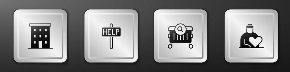 Set Multi storey building, Ask for help text, Searching food and Volunteer icon Ilustración de archivo