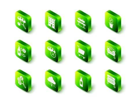 Set Multi storey building, Bench, Donation money, Searching for food, Trash can Ilustración de archivo