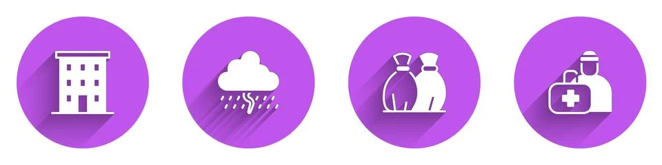 Set Multi storey building, Cloud with rain, Garbage bag and First aid kit icon Ilustración de archivo