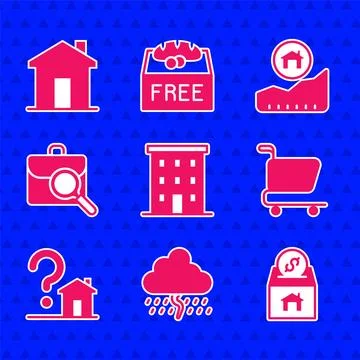 Set Multi storey building, Cloud with rain, Donation and charity, Shopping .. Ilustración de archivo