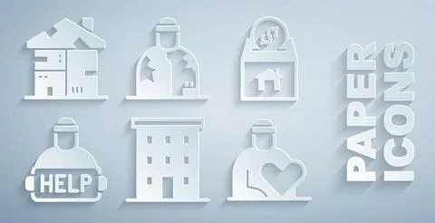 Set Multi storey building, Donation and charity, Help homeless, Volunteer Ilustración de archivo