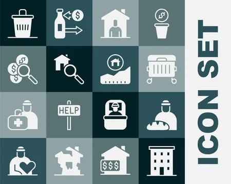 Set Multi storey building, Feeding the homeless, Trash can, Shelter for, Search Ilustración de archivo