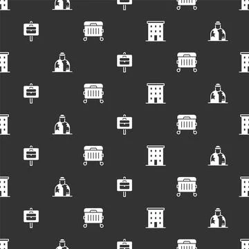 Set Multi storey building, Homeless, Work search and Trash can on seamless Ilustración de archivo