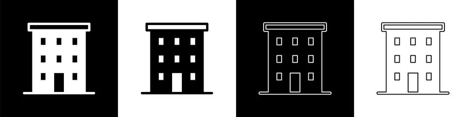 Set Multi storey building icon isolated on black and white background. Vector Ilustración de archivo