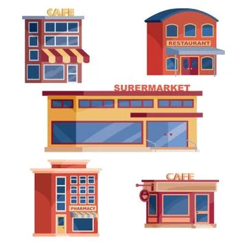 Set of multi-storey buildings in which there are restaurants and cafes, isolated Ilustración de archivo