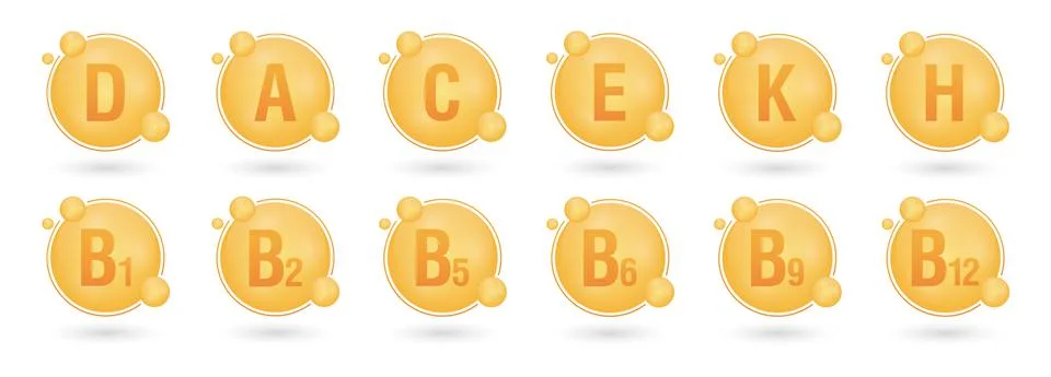 Set of multi vitamin complex icons. Multivitamin supplement. Vitamin A, B group Stock Illustration