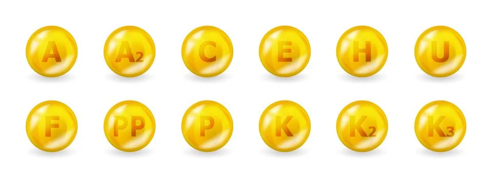 Set of multi vitamin complex. Vitamin A, C, D, E, F and more. Multivitamin Stock Illustration