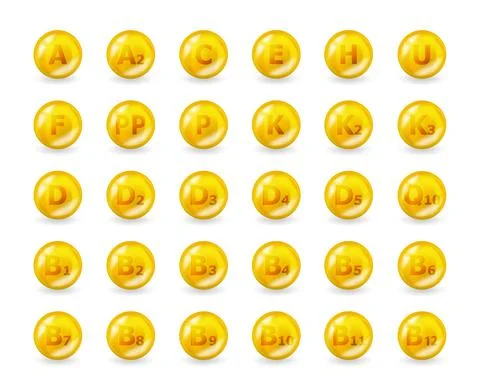 Set of multi vitamin complex. Vitamin A, B, C, D, E, K, F, U, H, P, PP Stock Illustration