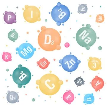 Set of multi vitamin mineral complex icons. Vitamin A, B group B1, B6, B9, B12 Stock Illustration