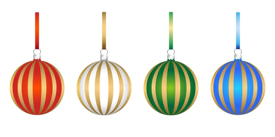 Set of multicolor 3D pattern Christmas tree glass balls decoration with ribbon Stock Illustration