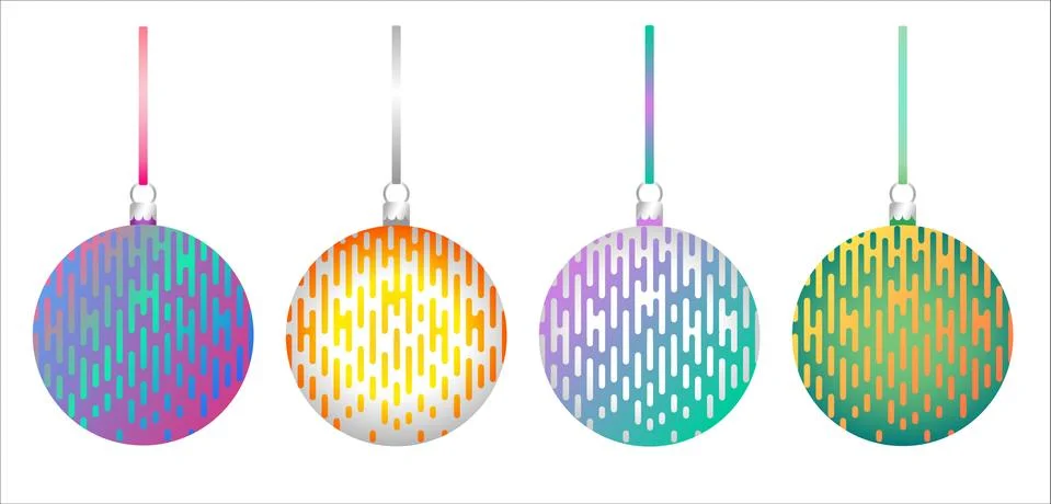 Set of multicolor 3D pattern Christmas tree glass balls decoration with ribbon Stock Illustration