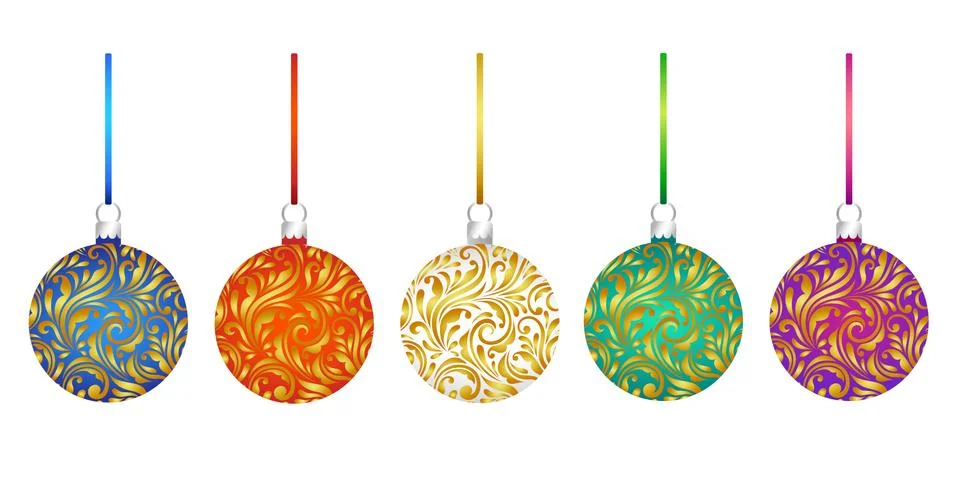 Set of multicolor 3D pattern Christmas tree glass balls decoration with ribbon Stock Illustration