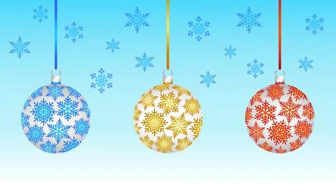 Set of multicolor 3D pattern Christmas tree glass balls decoration with ribbon Stock Illustration