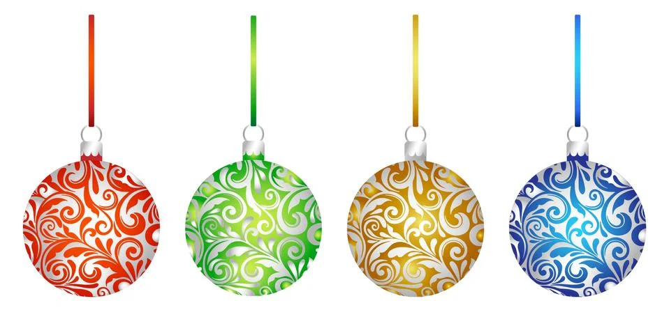 Set of multicolor 3D pattern Christmas tree glass balls decoration with ribbon Stock Illustration