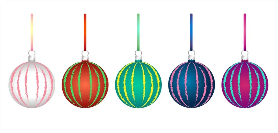 Set of multicolor 3D pattern Christmas tree glass balls decoration with ribbon Stock Illustration