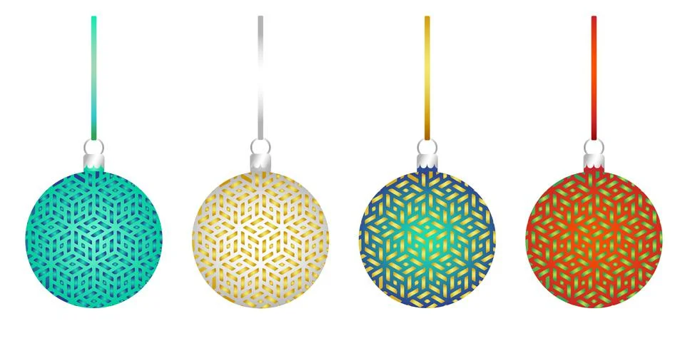 Set of multicolor 3D pattern Christmas tree glass balls decoration with ribbon Stock Illustration