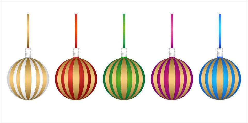 Set of multicolor 3D pattern Christmas tree glass balls decoration with ribbon Stock Illustration
