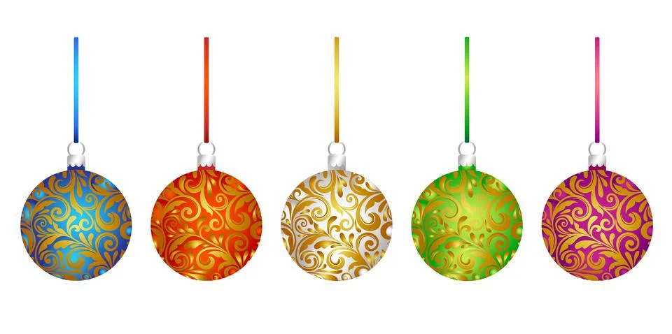 Set of multicolor 3D pattern Christmas tree glass balls decoration with ribbon Illustrazione stock
