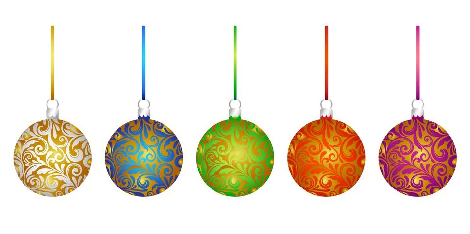 Set of multicolor 3D pattern Christmas tree glass balls decoration with ribbon Stock Illustration