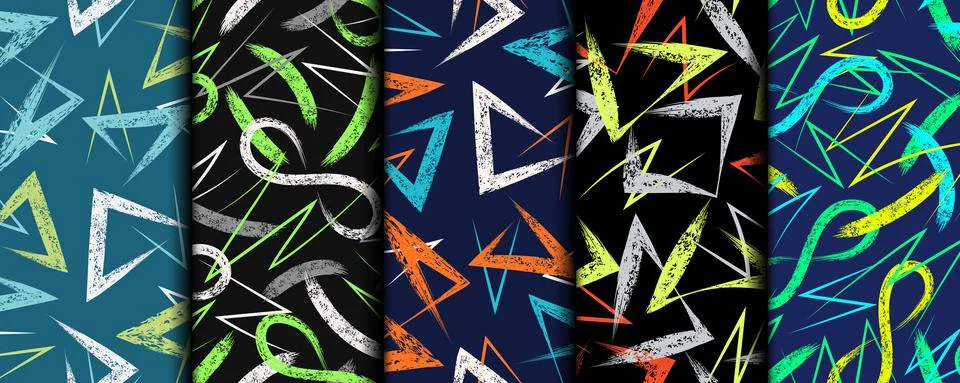 Set of multicolor abstract seamless patterns with grunge paint brush strokes. Stock Illustration