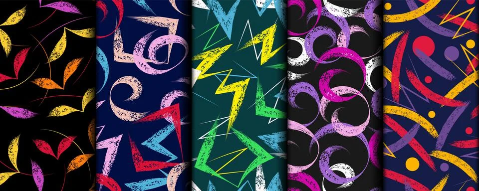 Set of multicolor abstract seamless patterns with grunge paint brush strokes. Stock Illustration