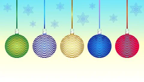 Set of multicolor Christmas tree decoration balls pattern, snowflakes background Stock Illustration