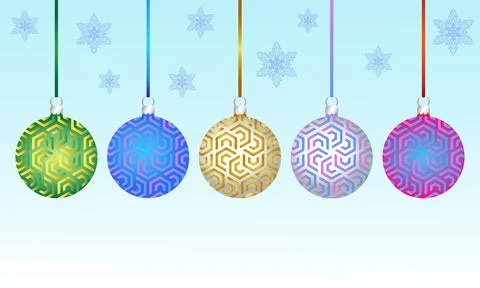 Set of multicolor Christmas tree decoration balls pattern, snowflakes background Stock Illustration