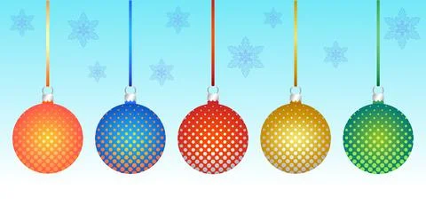 Set of multicolor Christmas tree decoration balls pattern, snowflakes background Stock Illustration