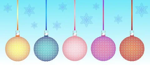 Set of multicolor Christmas tree decoration balls pattern, snowflakes background Stock Illustration