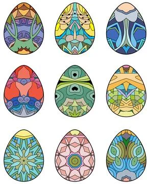 Set of multicolor Easter eggs with different texture on a white background. Stock Illustration