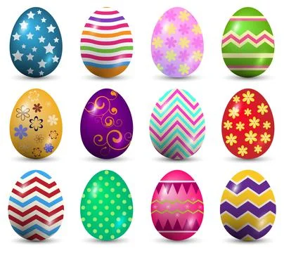 Set of multicolor Easter eggs with different texture on a white background... Stock Illustration
