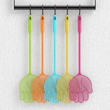 Set of Multicolor Flyswatters in Shape of Hand Hanging On Wall. 3d Rendering イラスト素材