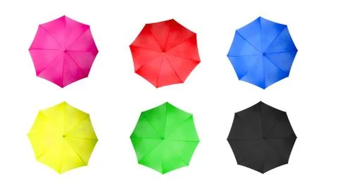 Set of multicolor umbrellas isolated on white background. Top view of classic Stock Photos