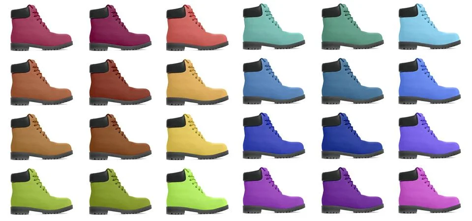 Set of multicolored boots. Side view. Isolated on white background Stock Illustration