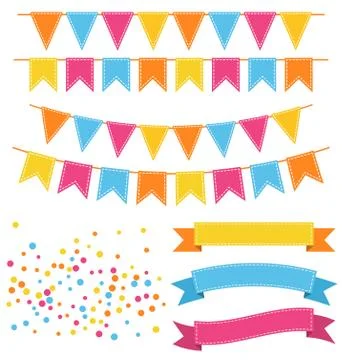 Set of Multicolored Buntings Garlands Flags Confetti and Ribbons Illustrazione stock