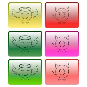 Set of multicolored buttons with the image of an angel and a demon. Vector Stock Illustration
