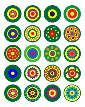 Set of multicolored circular patterns. Vector 库存插图