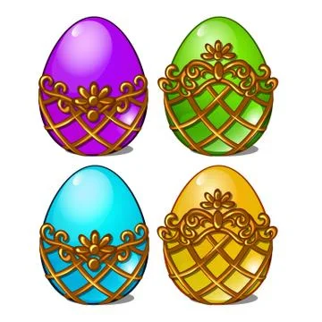 A set of multicolored eggs in a golden frame isolated on white background Stock Illustration