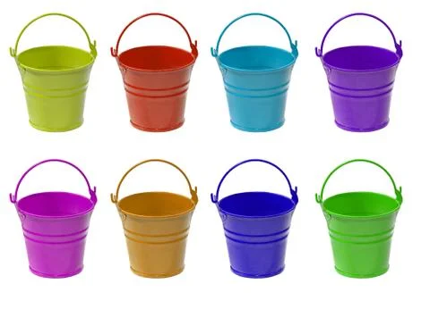 Set of multicolored empty buckets.isolated. Stock Photos
