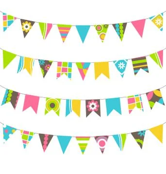 Set of multicolored flat buntings garlands flags with ornament isolated on .. Stock-Illustration